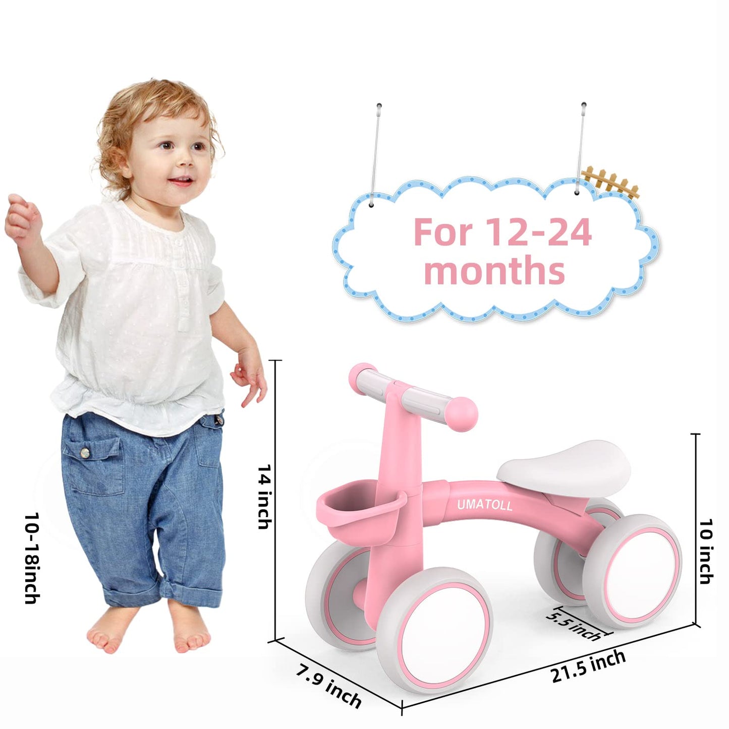 Baby Balance Bike for 1 Year Old Boys Girls, 12-24 Months Toddler Balance Bike with Removable Basket, Adjustable Seat, 4 Wheels Infant Bike, First Birthday Gift, Pink